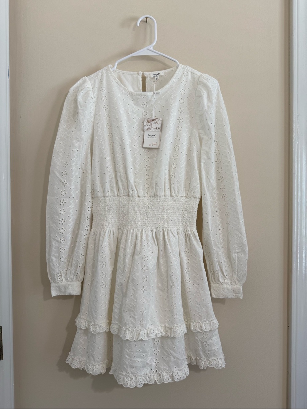 NWT Splendid x Cella Jane White Eyelet Puff-Sleeve Tiered Mini Dress XS - Picture 2 of 16